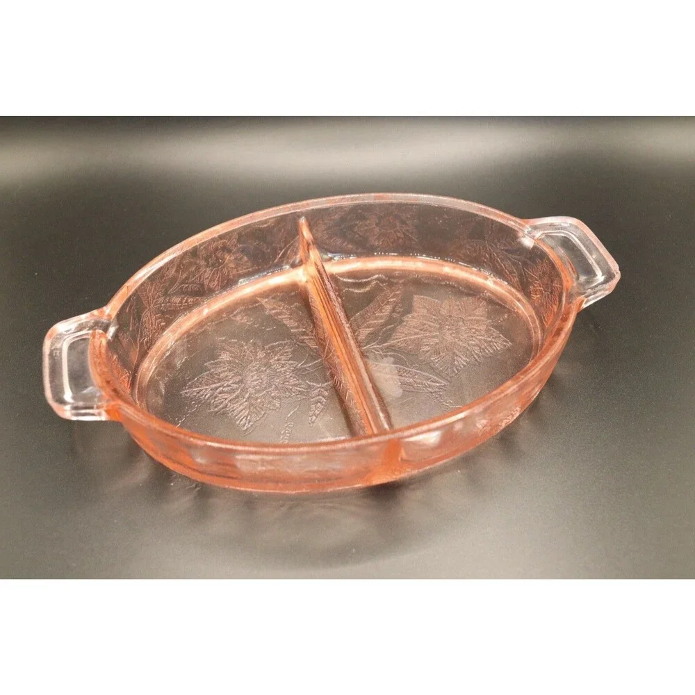 Pink Depression Glass Floral Poinsettia Two-Part Relish Dish Bowl Handles 8”